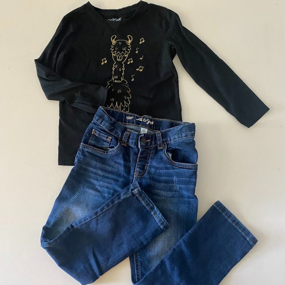 Cat & Jack Llama Tee Black Gold Jeans